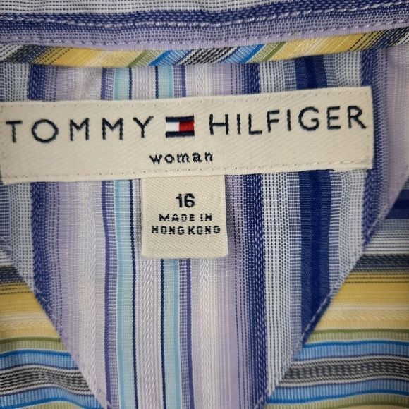 Tommy Hilfiger blouse womens 16 cotton double button diagonal stripe blue yellow - Picture 16 of 16